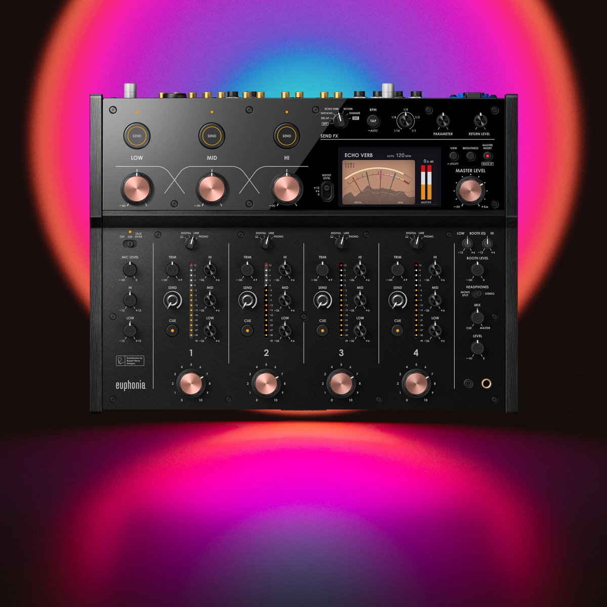 alphathetajpn's tweet photo. 本日発表「euphonia」🆕

音楽を奏でる喜びをさらに高めるプロフェッショナルロータリーミキサーです✨
特徴的な音質と操作性で、楽曲同士が溶け合うような極上のミックス体験が可能。

主な特長💡
✅ Rupert Neve Designs社と共同開発したトランス搭載
✅全ての音がひとつの音に溶け合うサウンドを実現
✅新感覚のロータリーフェーダー
✅極上の品質を誇るISOLATOR
✅直感的な操作ができるBOOST SEND搭載

詳しくはこちら👇
https://t.co/LKDbfHK3Ge

#AlphaTheta #euphonia