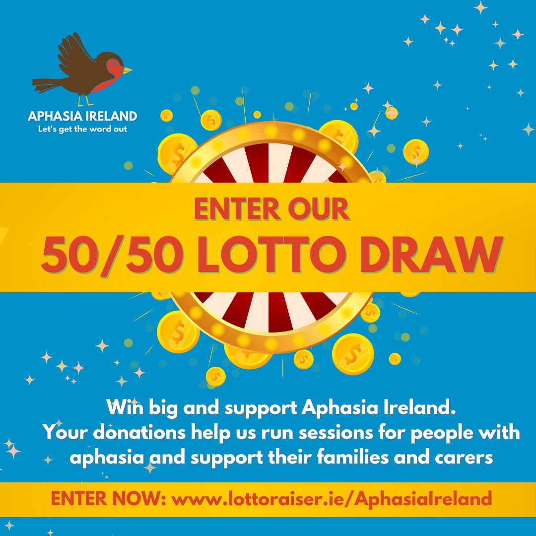 Aphasia_Ireland's tweet image. Enter our 50/50 Lotto Draw now! The lucky winner will be announced on 29th March. 

✅ Buy 1 ticket for €2 or 3 tickets for €5 
✅ 50% of the funds raised go to the winner and 50% to Aphasia Ireland

Enter on lottoraiser.ie/AphasiaIreland 💛

#lottodraw #lottoraiser #fundraiser