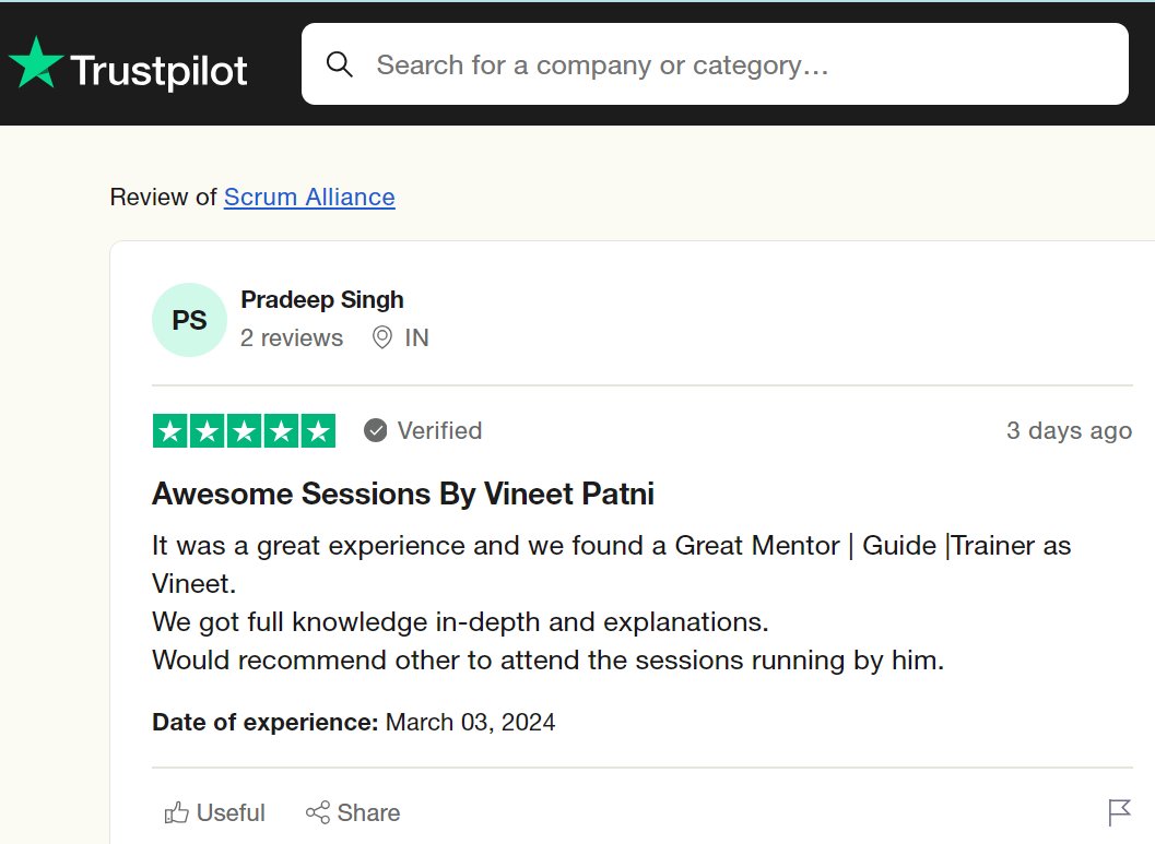 ScaleUpPune's tweet photo. Proud to have left a lasting impression on our Scrum Master training attendee!

@VineetPatni

#Scrum #feedback #Agile #Testimonial #csm #csmcertification https://t.co/UOqaSVvJdA