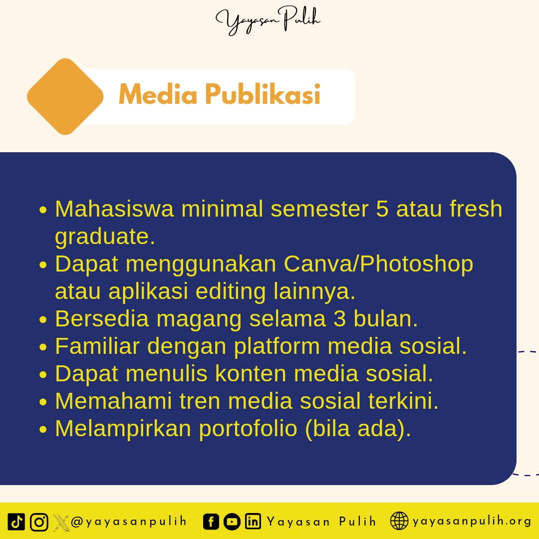 Gimana daftarnya?
Simak postingan ini yaaa 😃✨

Kami tunggu kehadiran teman-teman di Yayasan Pulih 🤗❤

#yayasanpulih #kesehatanmental #mentalhealthmatters #stopkbg #gerakbersama #magangpulih #internship #internshipprogram