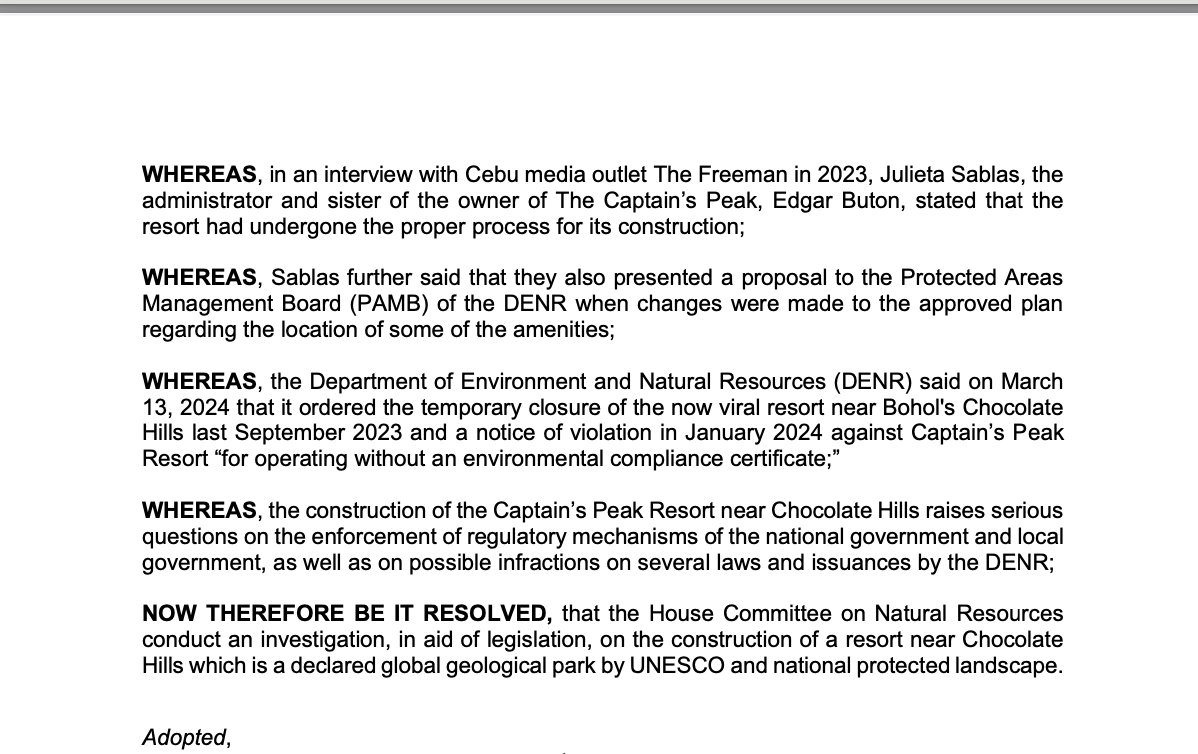 Gabriela Party List files resolution seeking House probe of the construction of a resort on the Chocolate Hills. Earlier, Deputy Majority Leader Erwin Tulfo announced plans for the House to investigate the issue