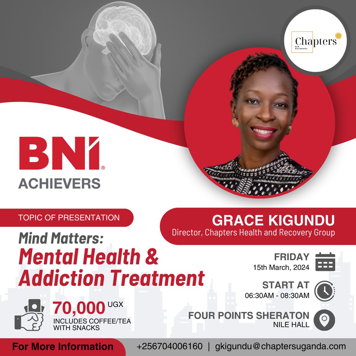 ChaptersCentre's tweet photo. Join us this Friday for the BNI connect where one of our Directors Mrs Grace Kigundu will be speaking about "MENTAL HEALTH AND ADDICTION TREATMENT" at Four Points Sheraton. Join in and learn more with us.
#mentalhealth #addictiontreatment 
https://t.co/IwMOxpzMCP https://t.co/HhaYJ0rLBq