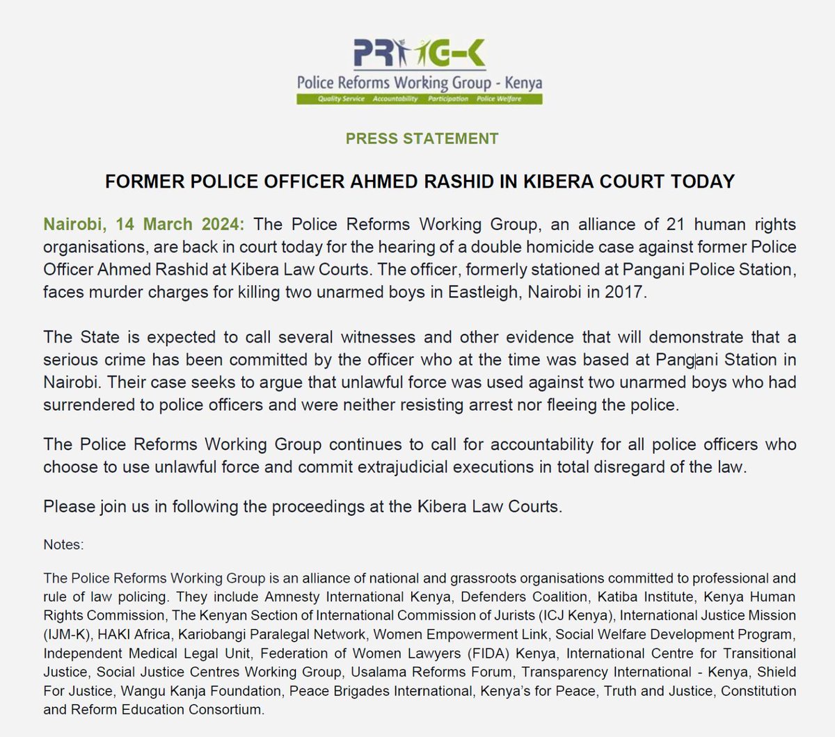 📢#News: Former Police Officer Ahmed Rashid in Kibera Court Today. 
The Police Reform Working Group, an alliance of 21 human rights organisations is back in court today for the hearing of a double homicide case against former Police Officer Ahmed Rashid at Kibera Law Courts.