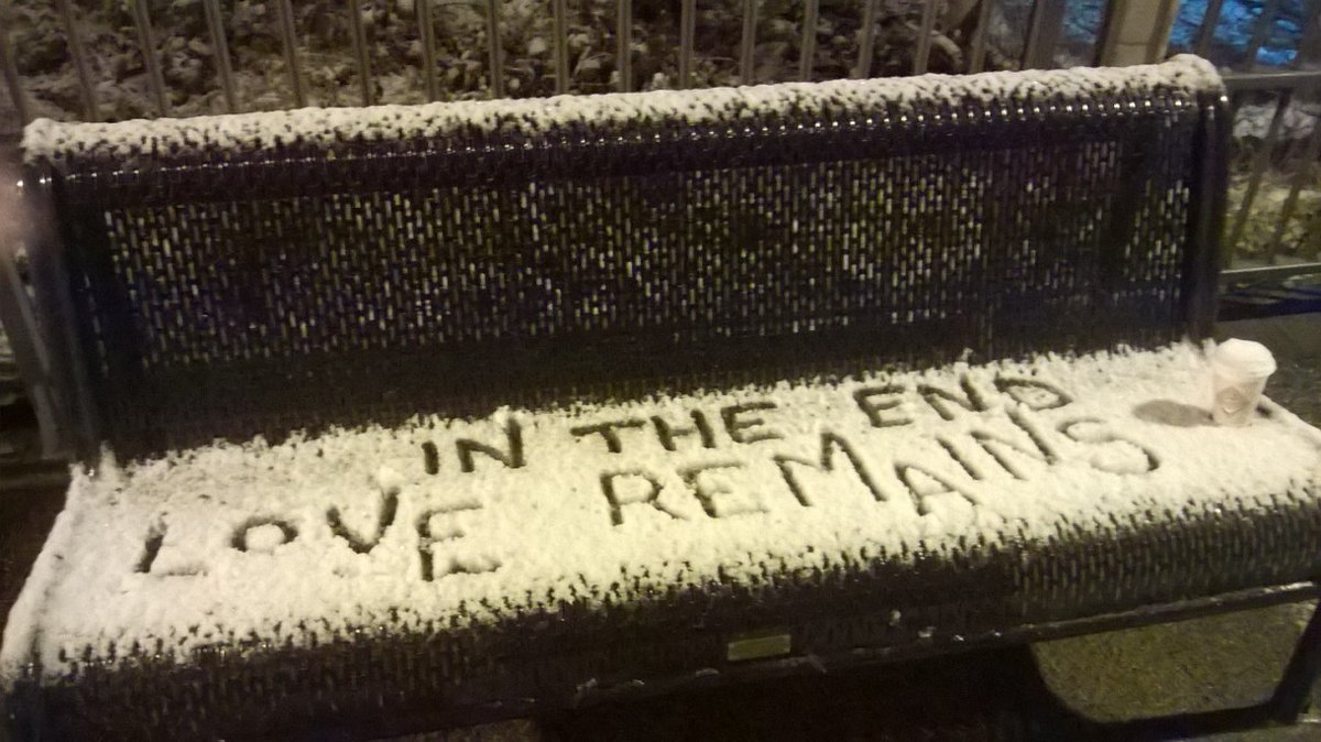 jonkitley's tweet photo. @nienna121 Found written on a bench, after a light snowfall, at a train station. https://t.co/XNzuBjbpOp