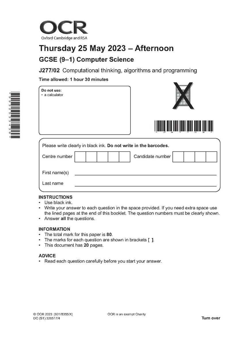 Elaborated7430's tweet image. 2023 OCR GCSE COMPUTER SCIENCE PAPER 2 QUESTION PAPER (J277/02: Computational thinking, algorithms and programming).
hackedexams.com/item/14922/202…
#2023ocrgcse #ocrcomputerscience #ocrpaper2 #ocrquestionpaper #J277/02 #hackedexams