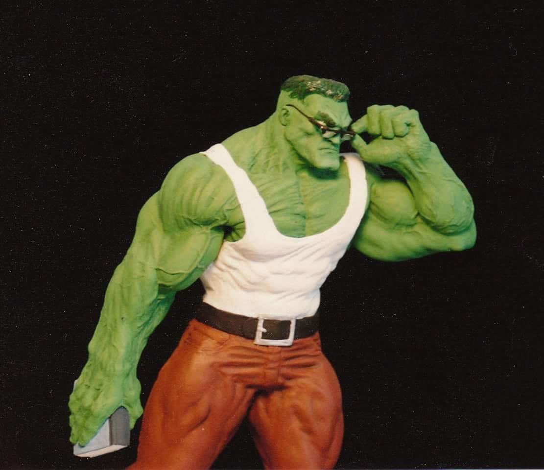 Our 30+ year old sculpture of Smart Hulk, based on Gary Frank's art…loved Peter David's run on The Hulk. We weren’t yet pros when we sculpted this one. Super Sculpey, with acrylics painted directly on. #hulk #smarthulk #claysculpting #shiflettbros #garyfrank #peterdavid