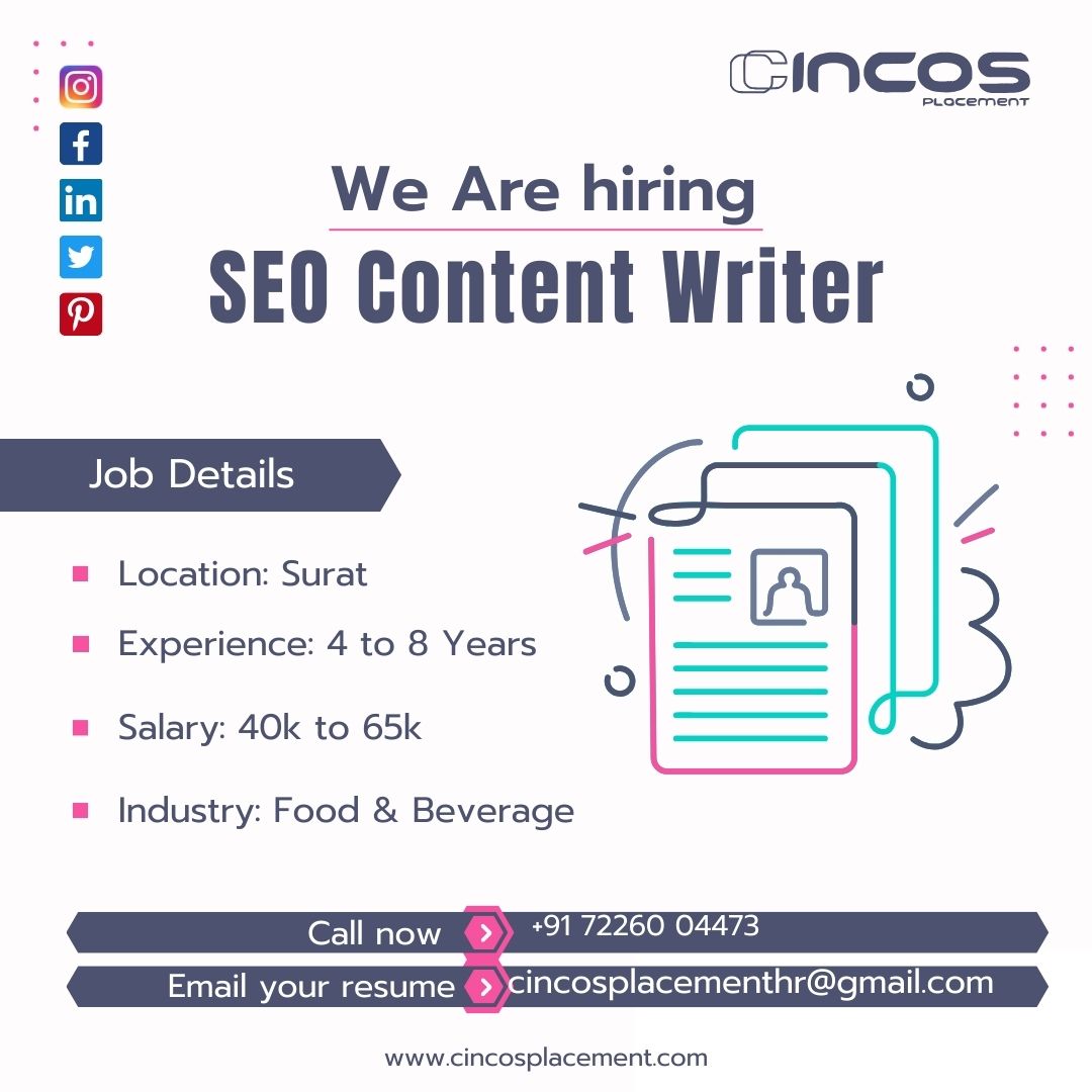 cincosplacement's tweet image. Join us as a SEO Content Writer! Explore opportunities with the best job placement in Surat.

Contact Us
Phone: +91 7226004473

#SEOContentWriter #SuratJobs #ContentMaster #CareerAdvice #BestJobPlacementAgencyInSurat #BestJobPlacementServicesInSurat
