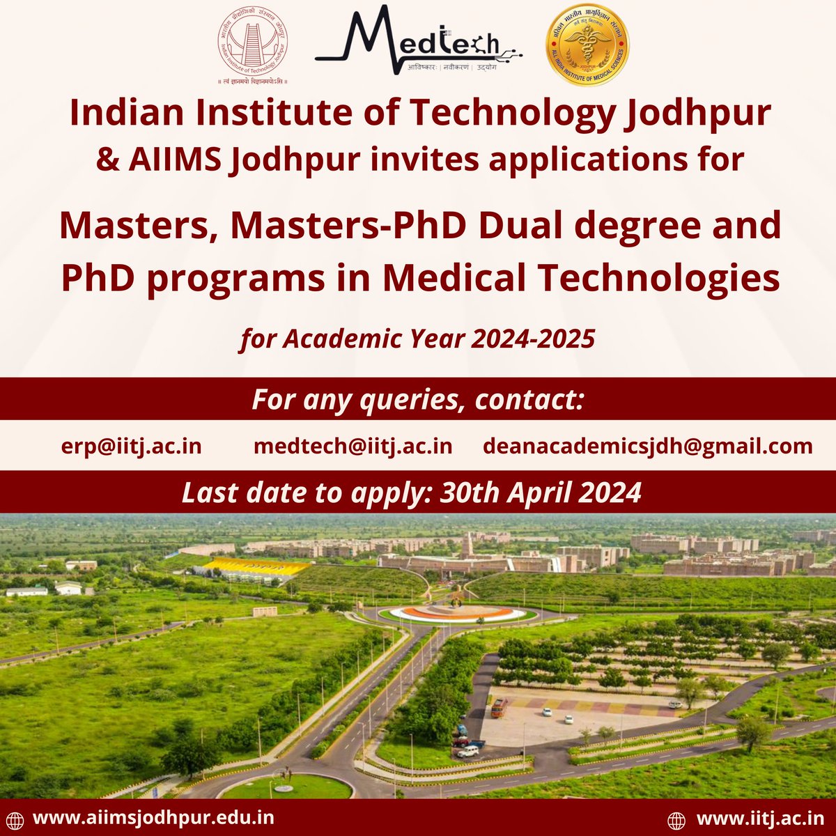 IIT Jodhpur in collaboration with AIIMS Jodhpur is inviting applications for Masters, Masters-PhD Dual degree, and PhD programs in #MedicalTechnologies for the academic year 2024-2025. Last Date to apply is 30th April 2024. #Education #HigherEducation #MedTech #IITJ #IITJodhpur