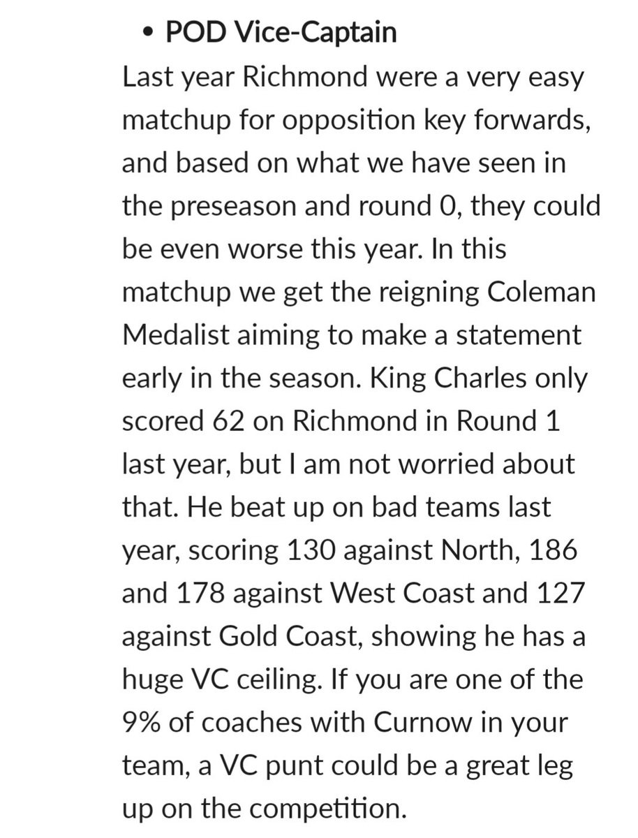 We won't be able to get the Captain podcast out today. And that's fine, because I'm not recommending anyone in tonight's match. UNLESS, you are in the 9% of Coaches with Charlie Curnow (or have him in Draft). If that is the case, here is my right up on him. #AFL #SuperCoach