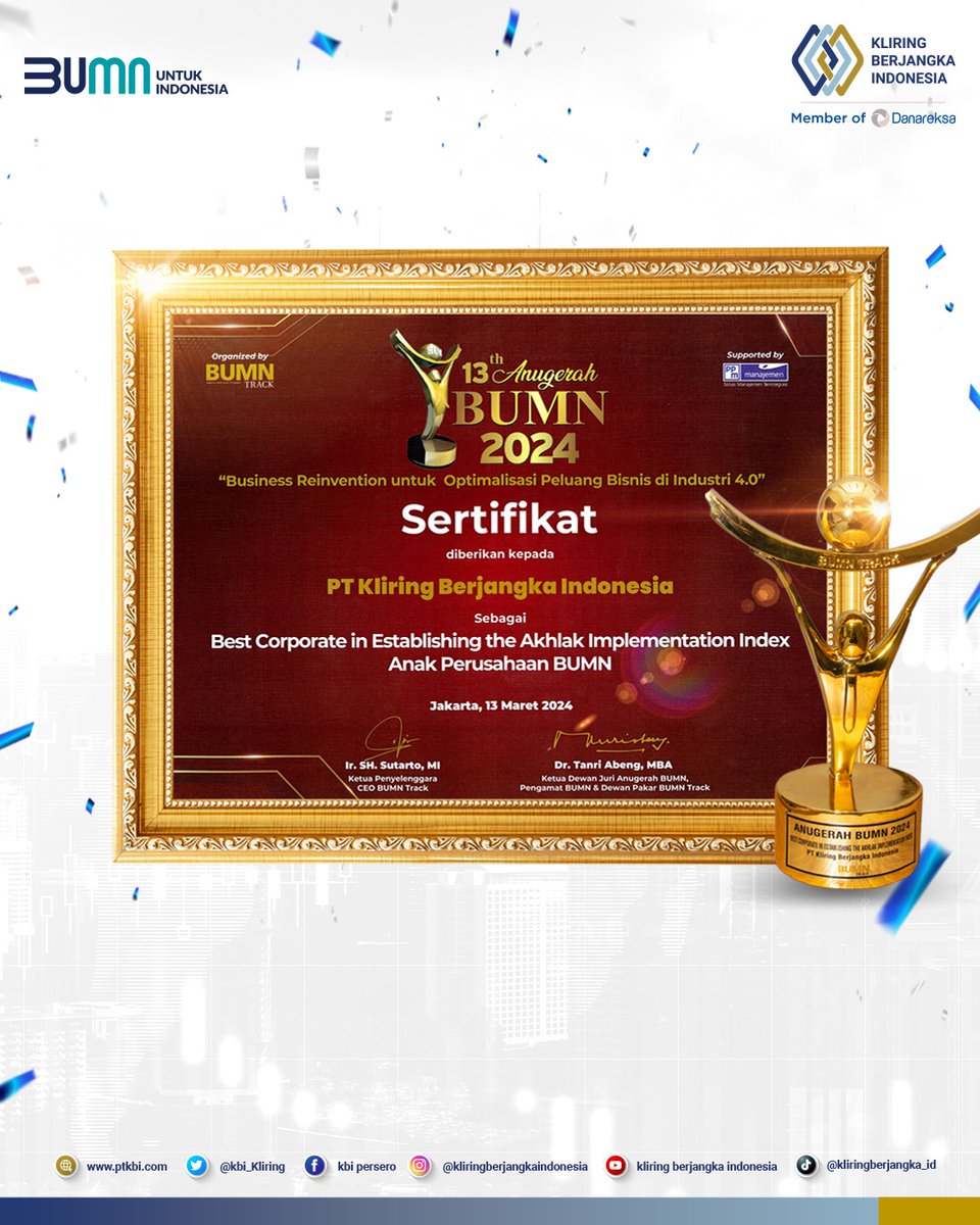 kbi_kliring's tweet photo. Anugerah “Best Corporate in Establishing the Akhlak Implementation Index Anak Perusahaan BUMN” diterima oleh PT KBI pada hari Rabu, 13 Maret 2024.

#BUMNUntukIndonesia
#BUMNTrack
#KliringBerjangkaIndonesia https://t.co/9ukmuICEIL