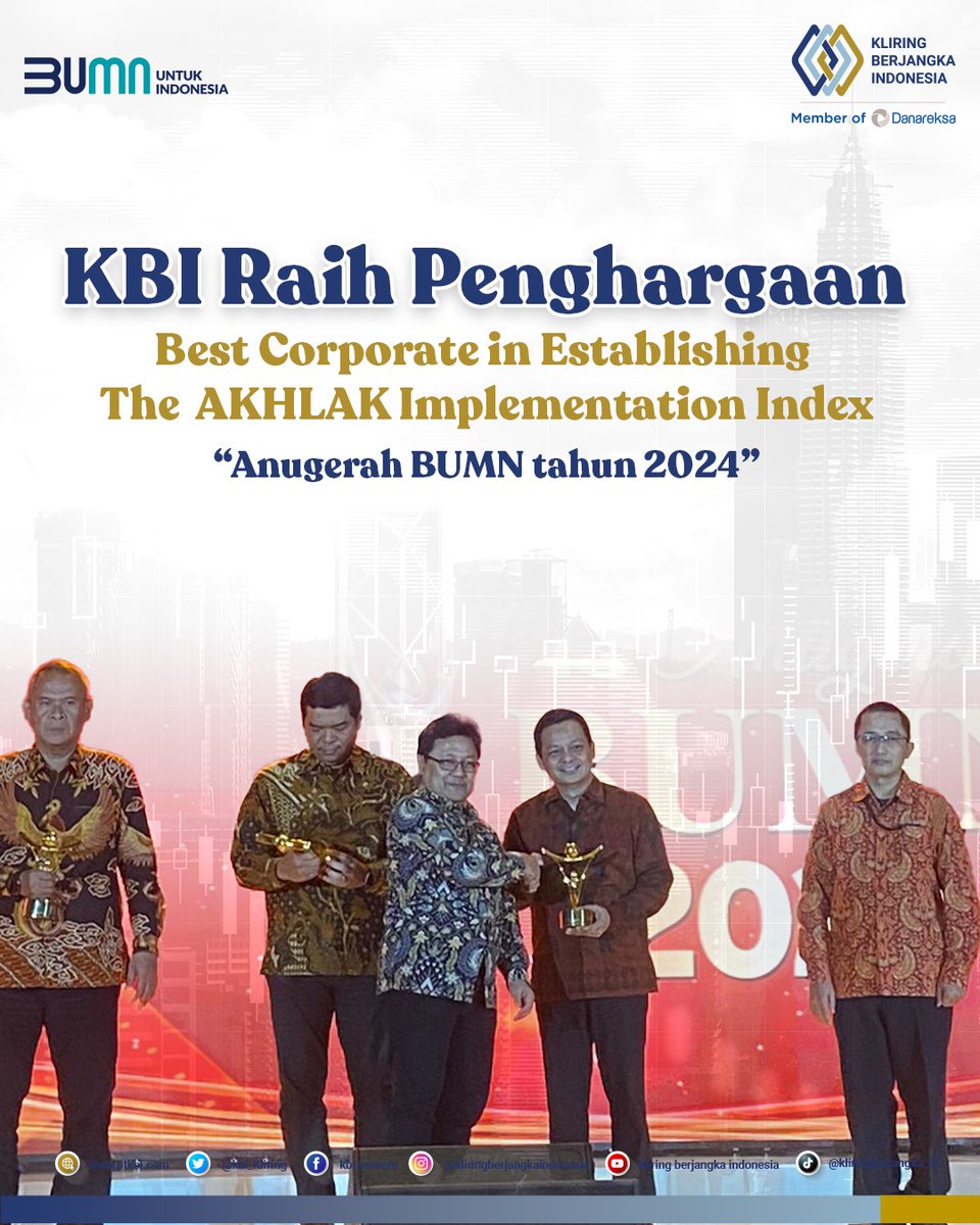 kbi_kliring's tweet photo. Anugerah “Best Corporate in Establishing the Akhlak Implementation Index Anak Perusahaan BUMN” diterima oleh PT KBI pada hari Rabu, 13 Maret 2024.

#BUMNUntukIndonesia
#BUMNTrack
#KliringBerjangkaIndonesia https://t.co/9ukmuICEIL