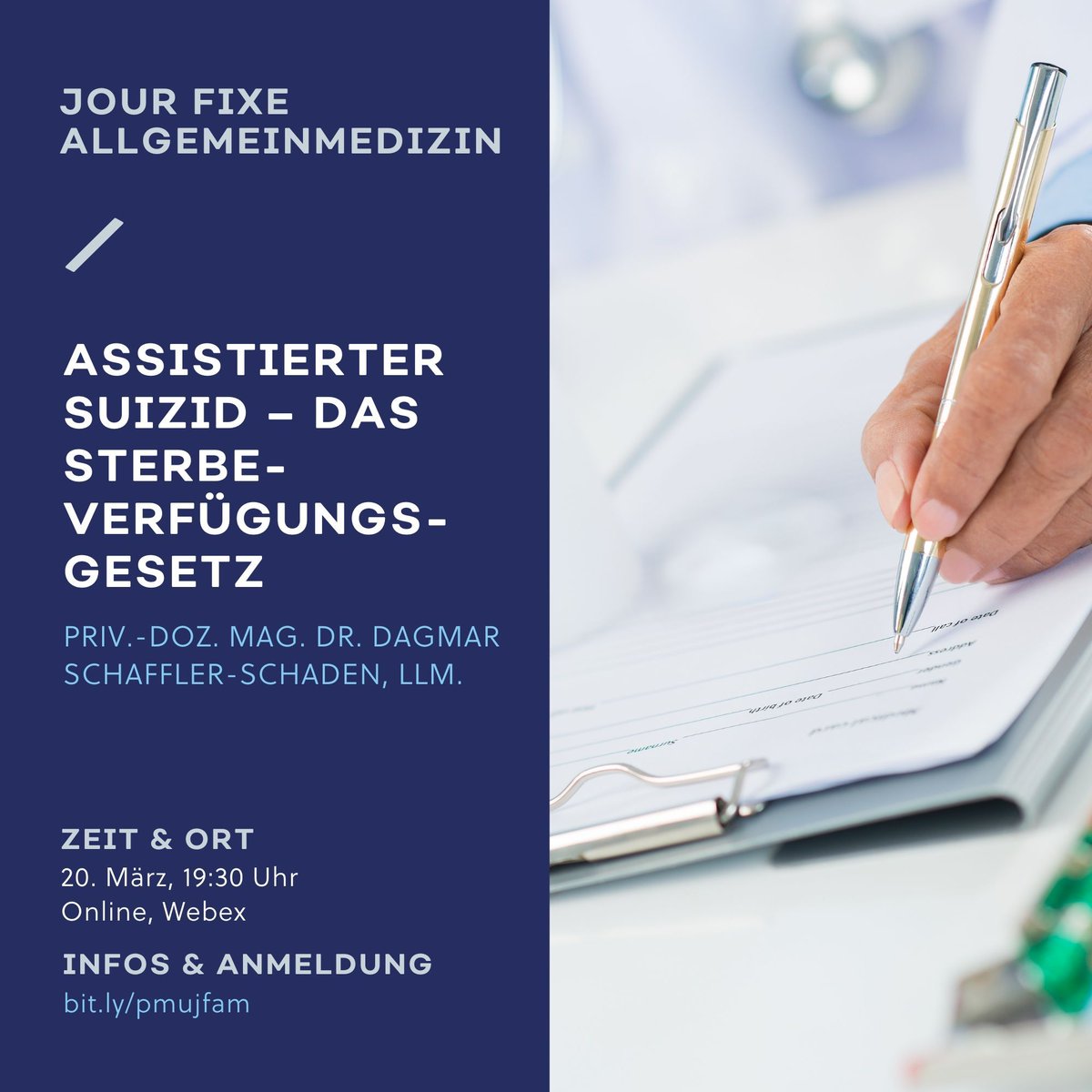 🔹 Veranstaltung: Jour fixe Allgemeinmedizin – Thema: Assistierter Suizid – das Sterbeverfügungsgesetz 🔹 Eine Anmeldung ist erforderlich und bis 18. März unter bit.ly/pmujfam möglich. ⏰ 20. März, 19:30 Uhr 📍 Online, Webex #allgemeinmedizin #paracelsusuniversity