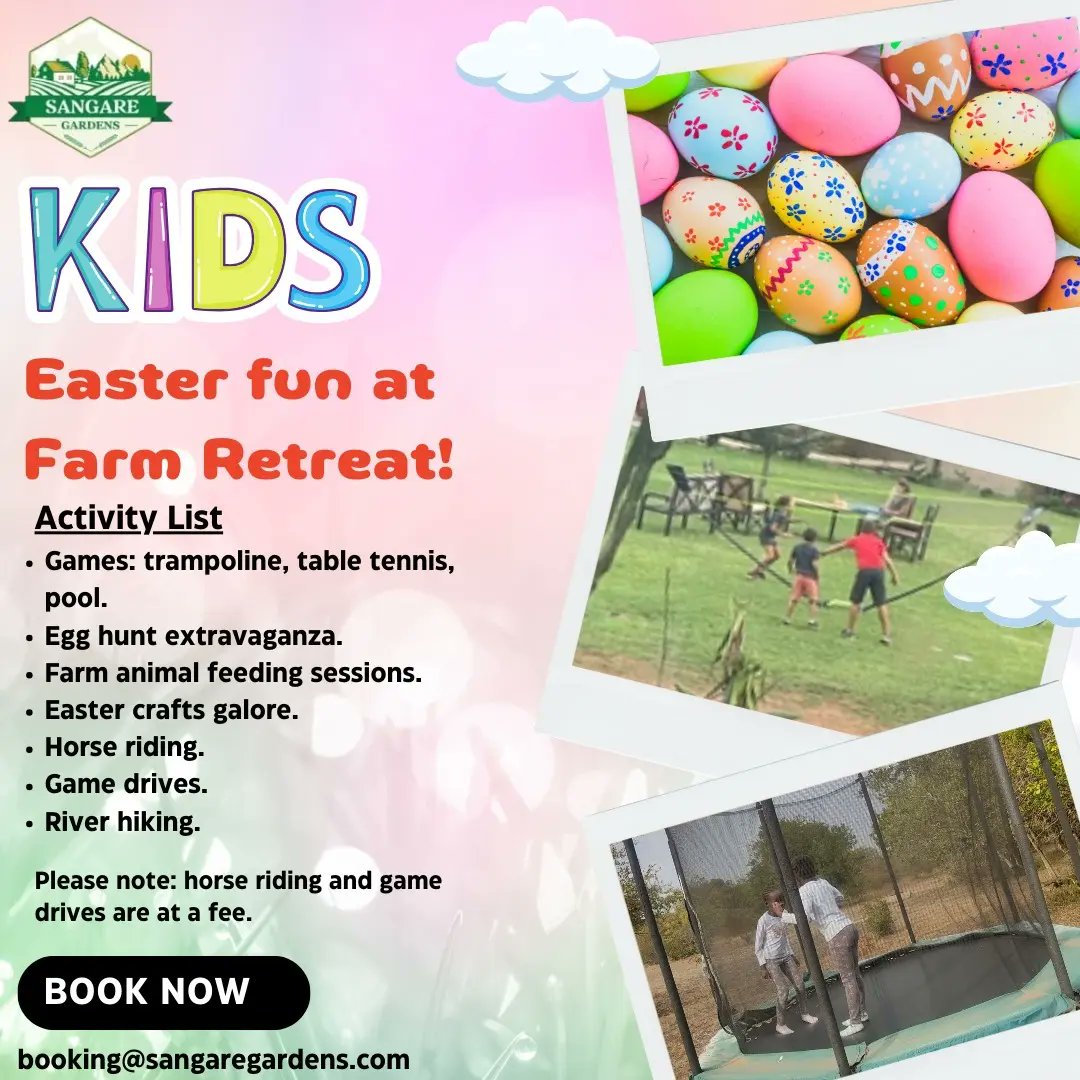 This Easter,  celebrate in tranquil bliss in Sangare Gardens.

Gather your loved ones for a blissful celebration filled with family vibes and endless activities for kids. 

Book your farm retreat now and discover the perfect blend of serenity and joy. 

#thursdaymorning