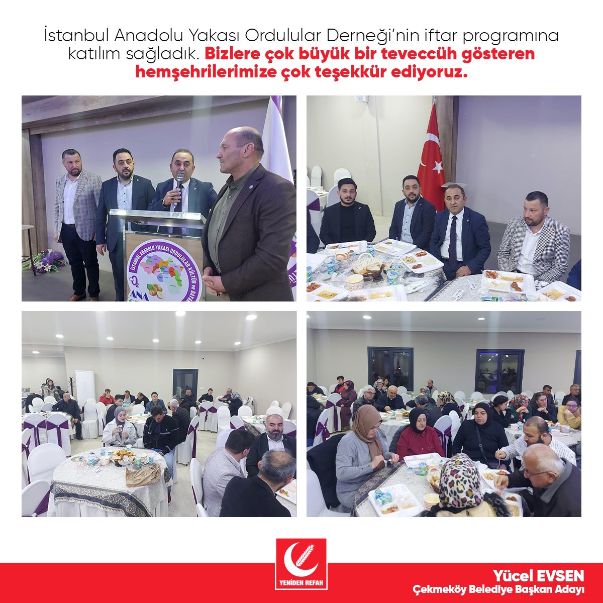 yucelevsentr's tweet photo. İstanbul Anadolu Yakası Ordulular Derneği’nin iftar programına katılım sağladık. Bizlere çok büyük bir teveccüh gösteren hemşehrilerimize çok teşekkür ediyoruz.

#YenidenRefah #FatihErbakan #YücelEvsen #Çekmeköy #İstanbul https://t.co/aRVMDEpYdY