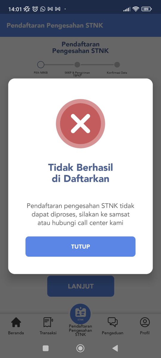 Min <a href="/SamsatDigital/">Samsat Digital Nasional (SIGNAL)</a> saya mau bayar pajak kendaraan melalui signal namun selalu gagal dengan notif seperti ini. Mohon pencerahan