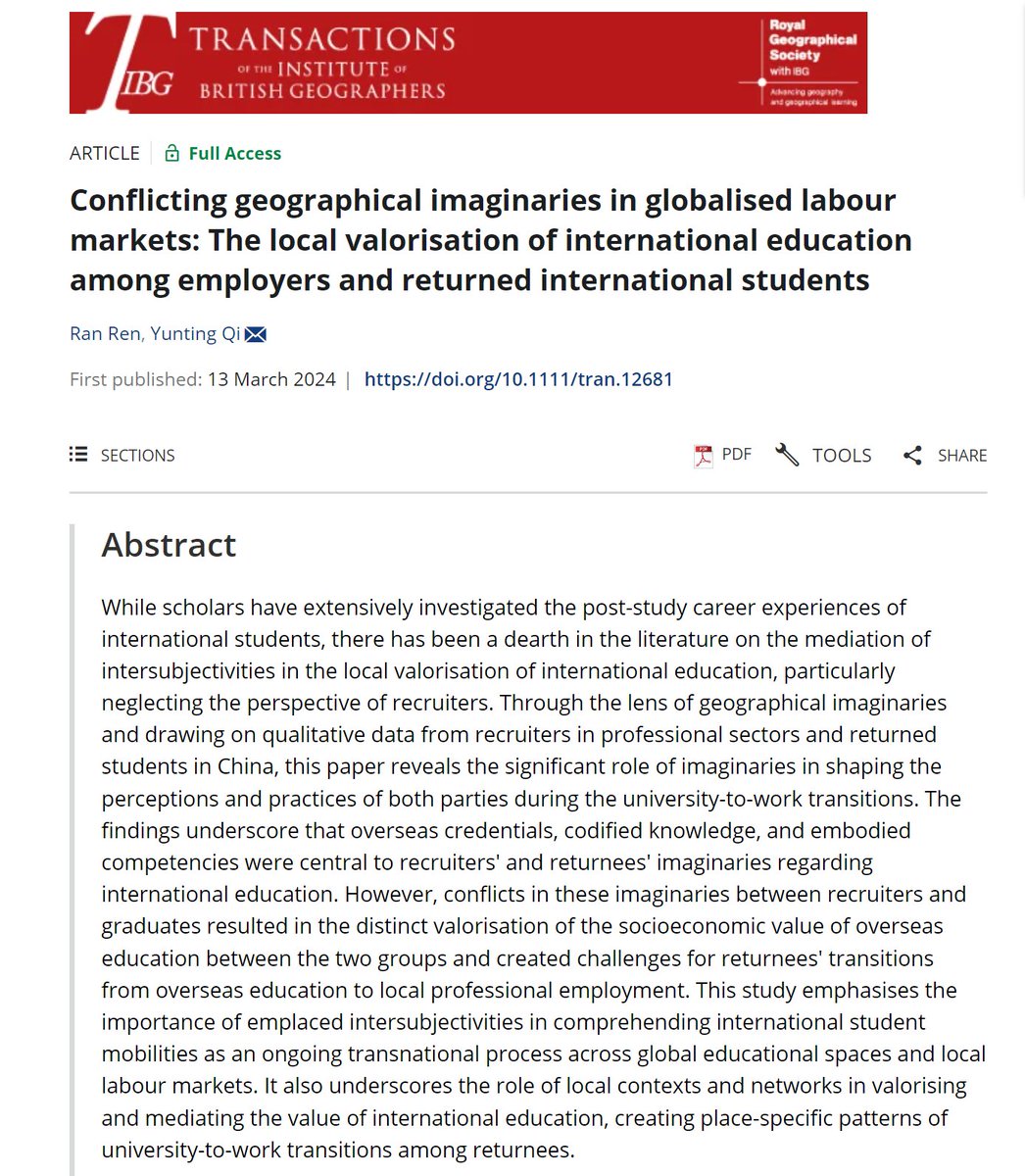 Thrilled to share our latest article published by #TIBG. The article discusses the University-to-work transition of returned international students in China through the lens of geographical imaginaries of both employers and returned students. find it doi.org/10.1111/tran.1…