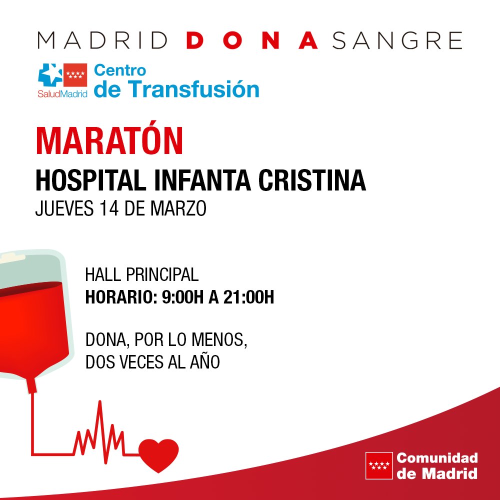 Madridonasangre's tweet photo. ❣ Anímate a #donarsangre en el maratón del Hospital Infanta Cristina y ayudar así a pacientes que necesitan transfusiones diarias.

⏰ 9.00h a 21.00h

👉 Las urgencias madrileñas pueden transfundir al año cerca de 30.000 unidades de sangre.

📲 https://t.co/5hbVjUlqaf

#donavida https://t.co/elNJlrDzgj