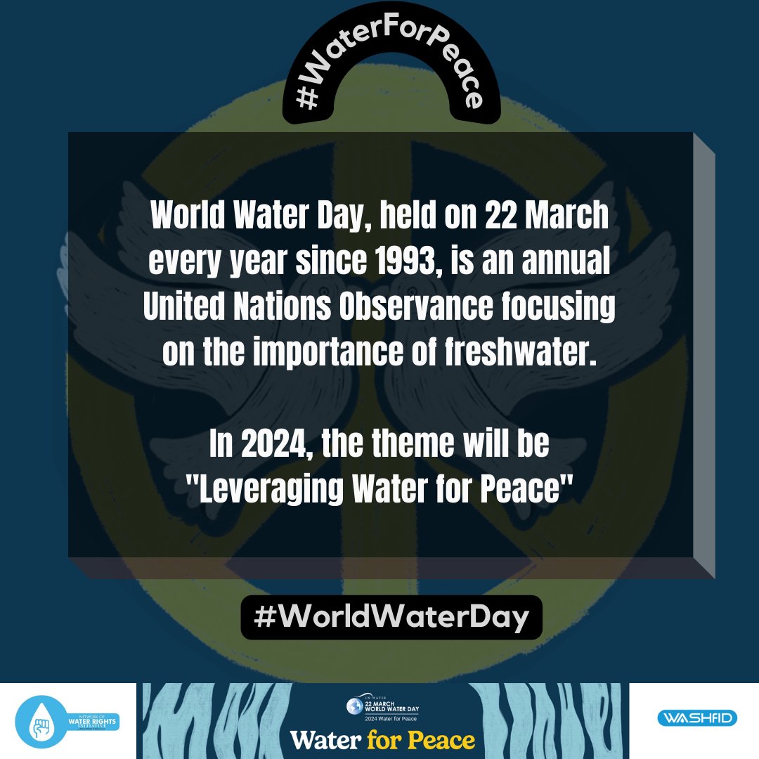 WASH for Impact and Development (@washfid) on Twitter photo #WorldWaterDay2024 is almost here!
#WorldWaterDay celebrates water and raises awareness of the 2.2 billion people living without access to safe water.
What action will you be taking?
In collaboration with <a href="/WashNetwork/">Network of Water Rights Initiative - NEWARI</a>, we will be sharing insights on #Water4Peace. #WorldWaterDay2024 is almost here!
#WorldWaterDay celebrates water and raises awareness of the 2.2 billion people living without access to safe water.
What action will you be taking?
In collaboration with <a href="/WashNetwork/">Network of Water Rights Initiative - NEWARI</a>, we will be sharing insights on #Water4Peace.