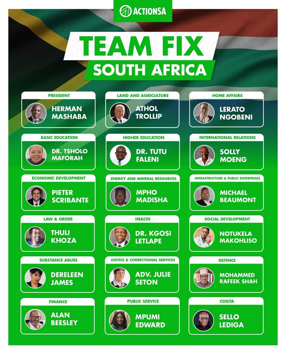 IlembeActionsa's tweet photo. Imagine a South Africa led by a cabinet that:

✅Comprised of just 18 leaders; 
✅Contained people of professional experience; 
✅Chosen on merit; 
✅Reflected the diversity of our country;
✅Gave young people the chance to lead;

Now stop imagining and vote @Action4SA. https://t.co/LC4UAvovMb