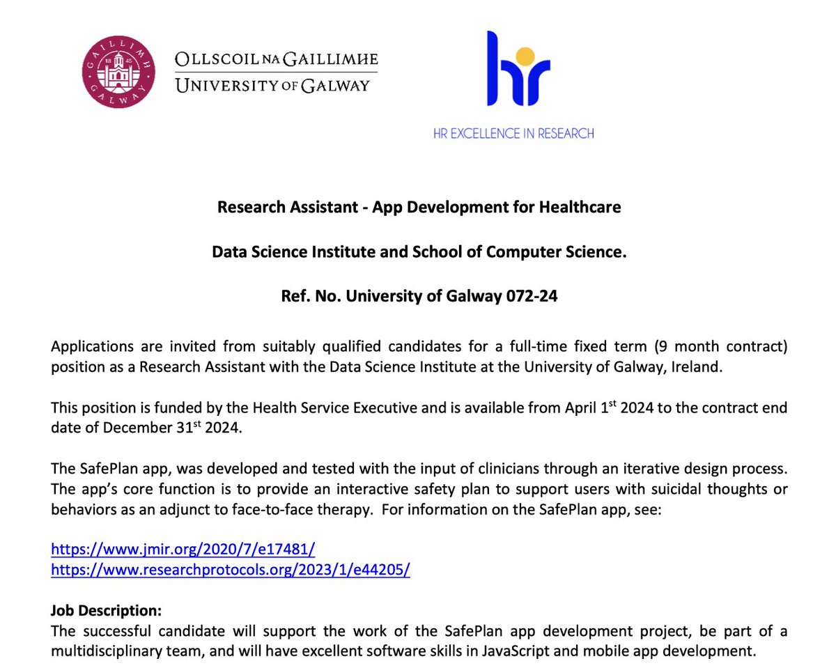 Exciting opportunity to join the interdisciplinary SafePlan Team at the University of Galway as a Research Assistant/App Developer. Excellent JavaScript and mobile app development skills required. See jmir.org/2020/7/e17481/ and universityofgalway.ie/about-us/jobs/… Ref No 072-24