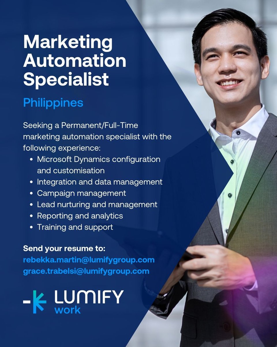 LumifyWorkPH's tweet photo. JOB OPENING: We're looking for a skilled professional proficient in Microsoft Dynamics to enhance our marketing strategies.

Apply now! For more details, visit ➡️ https://t.co/l3AvTRRnxH and send your resume to grace.trabelsi@lumifygroup.com! 📧

#LumifyWorkPH #HiringNow https://t.co/EgTjREFd1z