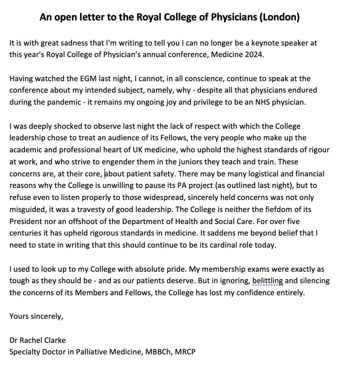 Dr Rachel Clarke (@doctor_oxford) on Twitter photo I was deeply honoured to be invited to be a keynote speaker at this year's <a href="/RCPhysicians/">Royal College of Physicians</a> annual conference.
But after last night's #RCPEGM I can no longer, in all conscience, give my speech. I feel duty bound to share in public my reasons why. I was deeply honoured to be invited to be a keynote speaker at this year's <a href="/RCPhysicians/">Royal College of Physicians</a> annual conference.
But after last night's #RCPEGM I can no longer, in all conscience, give my speech. I feel duty bound to share in public my reasons why.