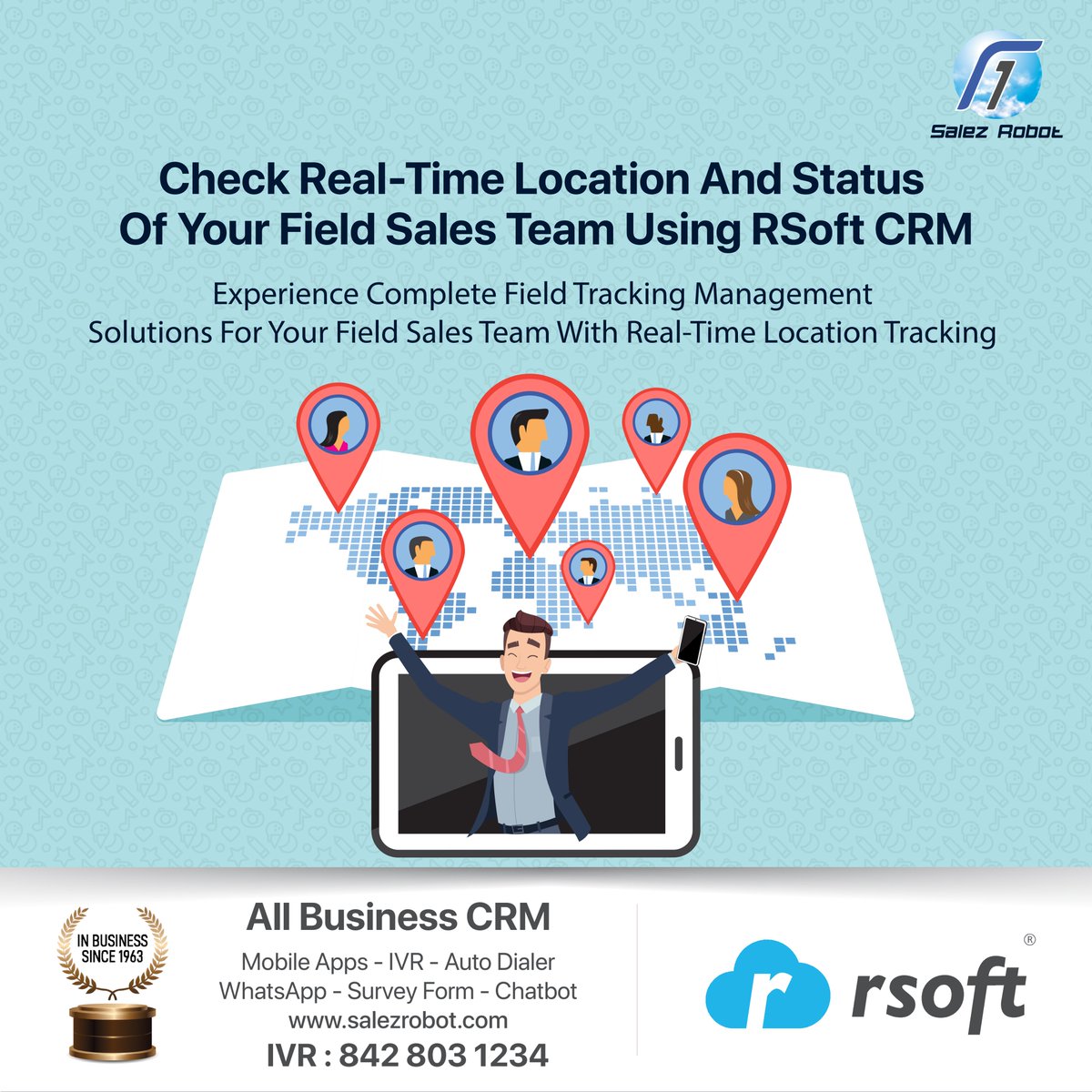 Check Real-Time Location And Status
Of Your Field Sales Team Using RSoft CRM

Signup Your Free Demo Call 842 803 1234 Visit salezrobot.com

#CRMRevolution #FutureOfCRM #DigitalTransformation #CRMInsights
#CustomerExperience #SalesTech #DataDrivenCRM
#CloudCRM