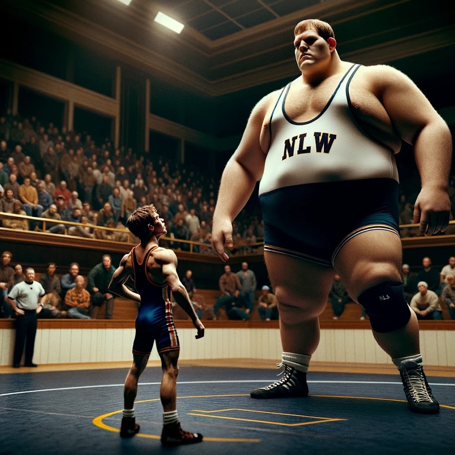 TheMaxSquash's tweet photo. Young wrestlers face off on the mat. Upon catching the first glimpse of the gigantic obese giant, the referee decided to move to the spectator stands. He had no intention of interfering with the course of events in any way.

The small wrestler looks up at his colossal opponent, a mass of flesh weighing tens of tons. Today would have been a good day to stay in bed under the covers. He can think of no strategy, no means of even attempting something.

This isn't fair, but no one cares. Everyone is waiting for the brutal crushing entertainment that's about to unfold.