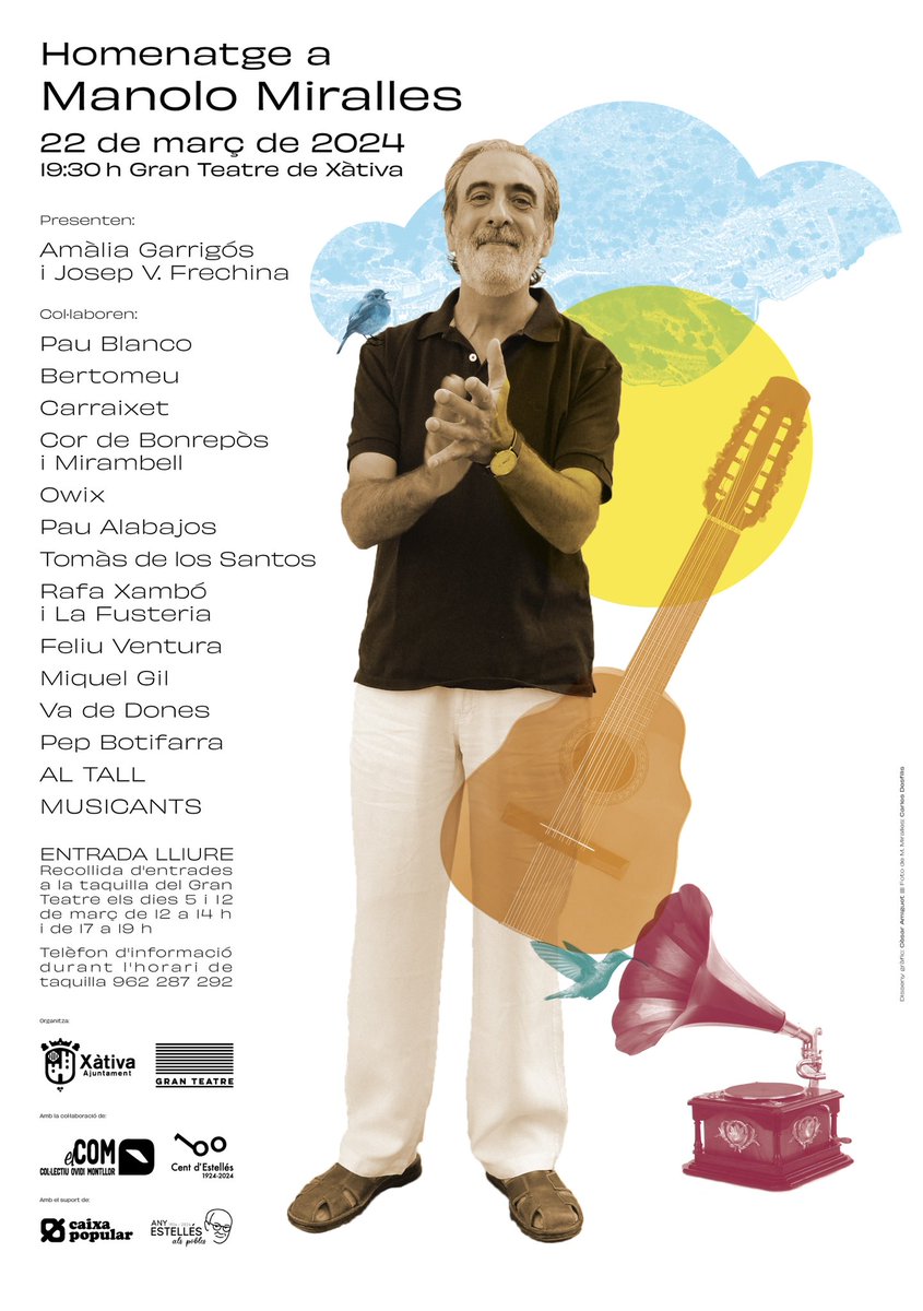 🛑Divendres 22 de març🛑 

Concert d'Homenatge a Manolo Miralles, referent imprescindible de la música d’arrel i un homenot del País Valencià. Us esperem!

🕢 19:30 h
🎟️Gran Teatre de Xàtiva

🎨 Disseny: <a href="/cesaramiguet/">Cèsar Amiguet ⚡️</a> 
📸 Foto: <a href="/Desfilis/">Carles Desfilis</a> 

#SomElCOM #MúsicaEnValencià