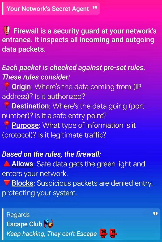 AnkitRajSharmaZ's tweet photo. Your Network's Secret Agent

🛡️ Firewall is a security guard at your network's entrance. It inspects all incoming and outgoing data packets.
Each packet is checked against pre-set rules. 
🔺Origin 🔺Destination 🔺Purpose
#CyberSecurity #Firewalls #digitalsecurity #EscapeClub https://t.co/nNI0zgOQFQ
