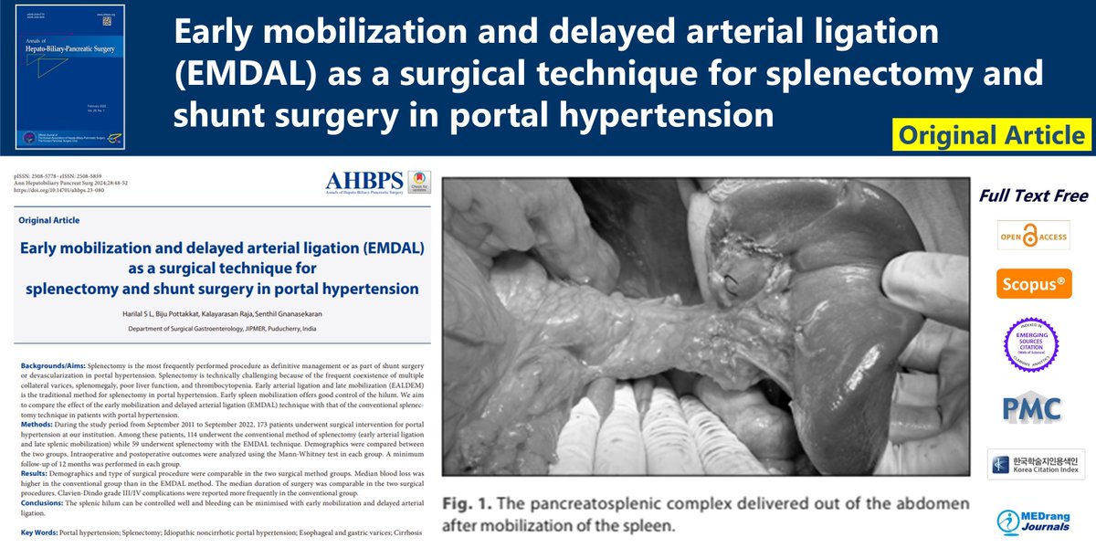 Early mobilization and delayed arterial ligation (EMDAL) as a surgical technique for splenectomy and shunt surgery in portal hypertension 🌷doi.org/10.14701/ahbps… 2024 Feb;28(1) Harilal S L #Portal_hypertension #Splenectomy #Idiopathic_noncirrhotic_portal_hypertension #Cirrhosis