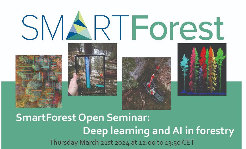 📢Join us for our 💡🌲SmartForest open #seminar on #deeplearning  and #ArtificialIntelligence in #forestry 

📆March 21, 12.00-13.00 CET

follow the link to register and get the link

👉nibio.pameldingssystem.no/ai-in-forestry…