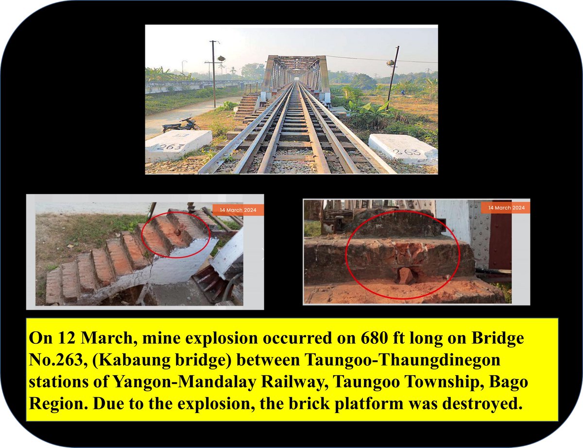 Freelancejou333's tweet photo. Explosion Occurs on Kabaung Bridge between Toungoo-Thaungdinegon Stations of Yangon-Mandalay Railway #WhatsHappeningInMyanmar #Myanmar @MayWongCNA @BBCWorld @BBCNews @BBCBreaking @CNN @cnnbrk @ChinaDaily https://t.co/bo6kgfkhvy