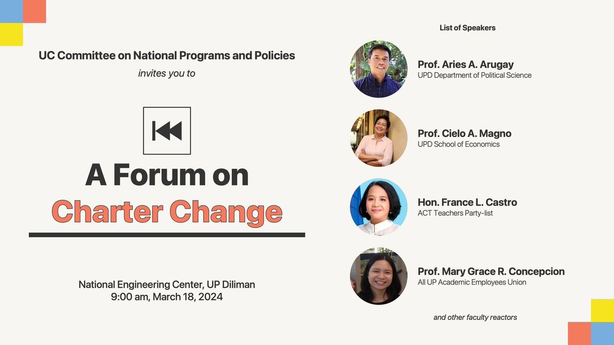 Pia_DB_'s tweet photo. Calling faculty, students, staff and all interested in Cha Cha (not the 💃🏻). The UP Diliman University Council’s Committee on National Programs and Policies will hold a forum on Charter Change issues on March 18. Please join us! https://t.co/JAJFIvxZ3u