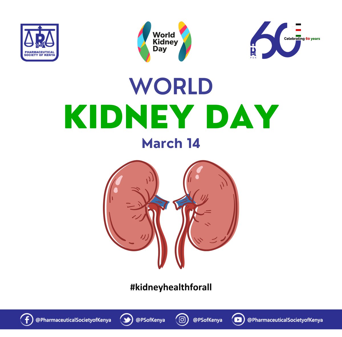 PSofKenya's tweet image. It's #WorldKidneyDay2024!

The theme is Kidney Health for All - Advancing Equitable Access to Care and Optimal Medication Practice

Let's prioritize awareness, support, and equitable care this World Kidney Day 2024! 💙

#WorldKidneyDay
#KidneyHealthForAll
#PSKAT60