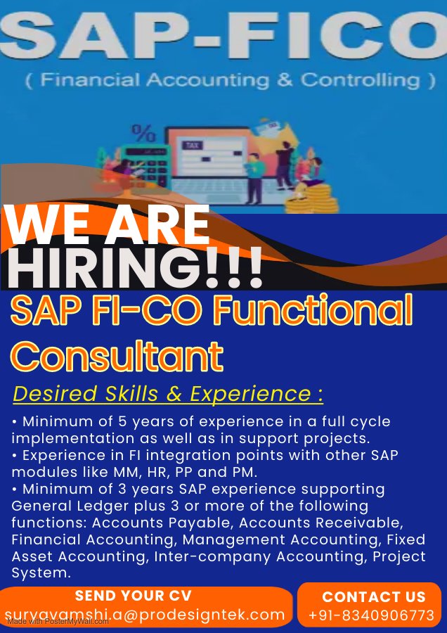pro_elearning's tweet photo. Hello,
Greetings from Prodesign Technologies!!
We have openings for the position of #SAP FI-CO FUNCTIONAL  CONSULTANT #
Experience : 5+ years

Interested Candidates can Send resume to suryavamshi.a@prodesigntek.com
Contact 8340906773. https://t.co/6vLBGETfEy