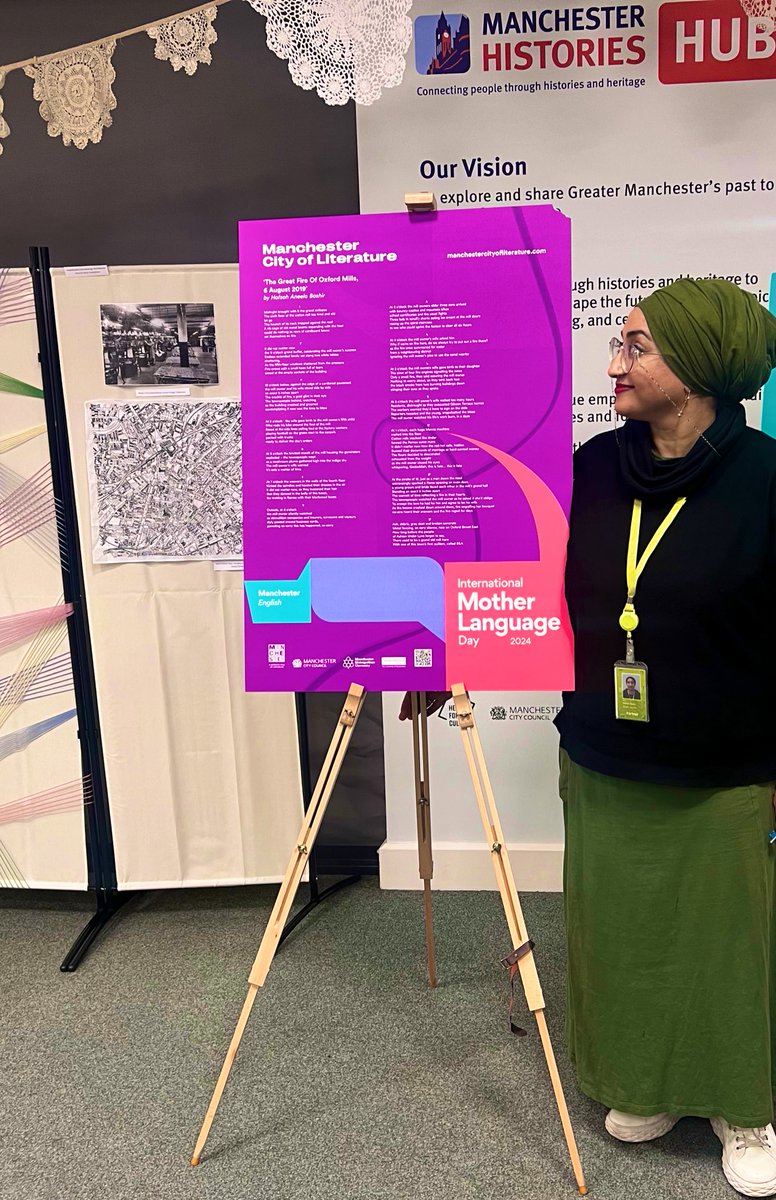 You have until the 23rd to see @MCRCityofLit’s  #multilingual exhibition #Threads where my poem about Oxford Mills is on display! Go to @mcrhistfest Hub at @MancLibraries to see how textiles and literature are interwoven through cultural identities across 10 @UNESCO #CitiesofLit