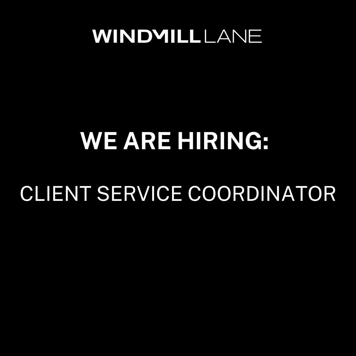 We are looking for a Client Service Coordinator to join our team!   To see the full job description and to apply, please click the link below. forms.gle/KqT6G1QCpiRFAt… Please send any questions to: recruit@windmilllane.com with ‘Client Service Coordinator’ in the subject line.