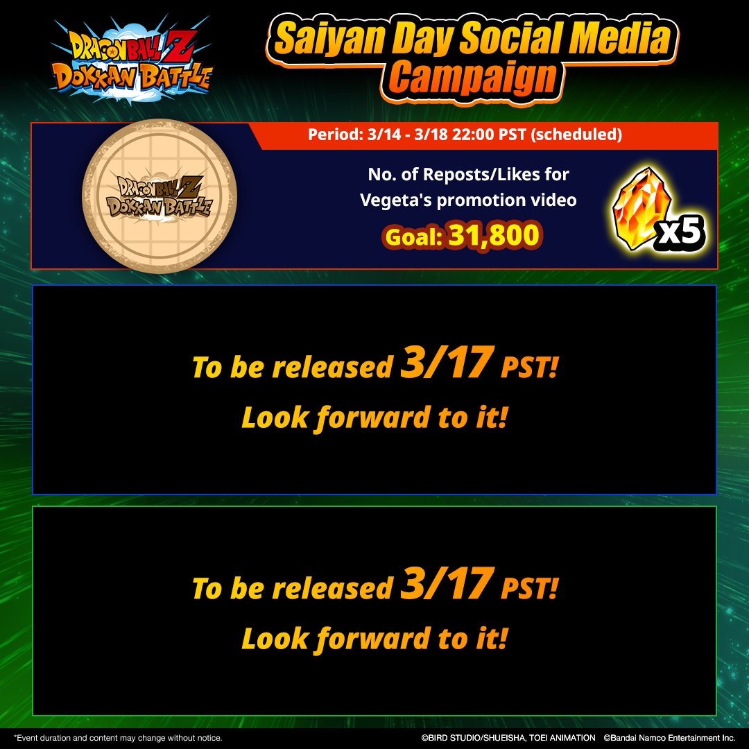 dokkan_global's tweet photo. [Saiyan Day Social Media Campaign]
Clear all 3 missions and get in-game rewards!
Mission 1 revealed!

The other 2 missions to be revealed on 3/17! Stay tuned!

#dokkanbattle #dokkanbattleglobal #dokkan #dragonball https://t.co/Ee6GIx3ezr