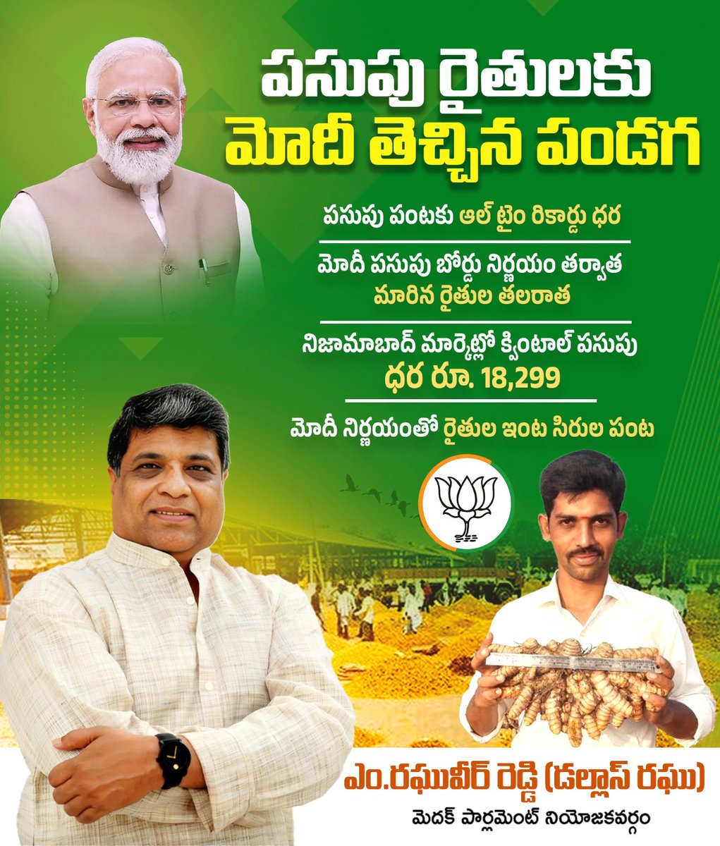 Rveerreddy's tweet photo. పసుపు రైతులకు మోదీ తెచ్చన పండుగ.......
.
.
#TurmericBoard #nizamabad #BJP4IND #bjptelangana #ModiAgain #HatTrickWin #narendramodi #PMO #amitshah #dallasraghu #bandisanjay #kishanreddybjp #aravinddharmapuri #medak #eliminatecongress https://t.co/vLY1qqRDhQ