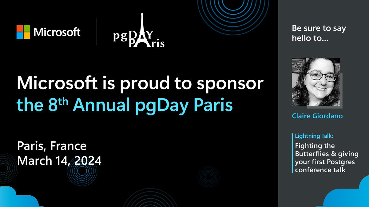 Happening today in Paris is @pgDayParis & our Postgres team is proud to be a sponsor of this #PostgreSQL event, now in its 8th year. Be sure to say hello 👋 to @clairegiordano from our team who is giving a lightning talk at #pgDayParis about... butterflies and Postgres? 🦋🐘