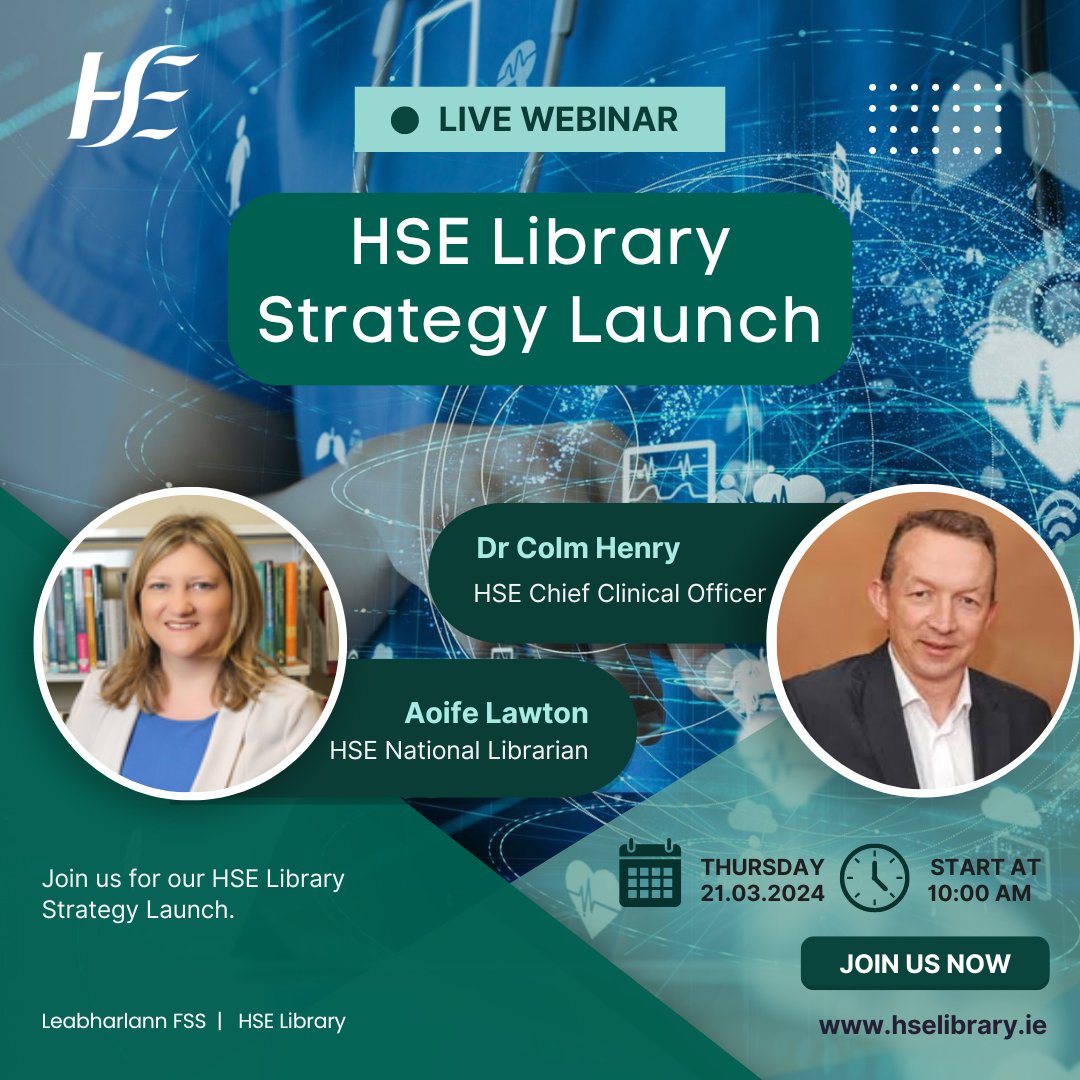 hselibrary's tweet photo. 📢We are delighted to invite all from HSE organisation, @healthlibraries and team members to attend the online launch of the #hselibrary strategy.
👉Register your attendance here: https://t.co/TPJZxKEb1W
#HSEhosptials #hsecommunity @hselive #hslg https://t.co/8PB10JiimH