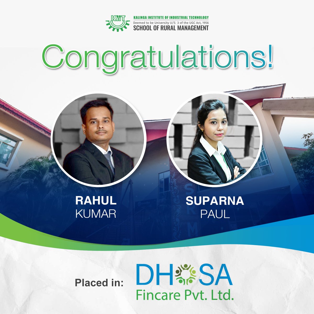 KIIT School of Rural Management's impeccable placements lead its students towards new and lucrative beginnings in leading companies in India. Congratulations to our students for being selected by Dhosa Fincare. We heartily congratulate you all on this new phase and wish you the