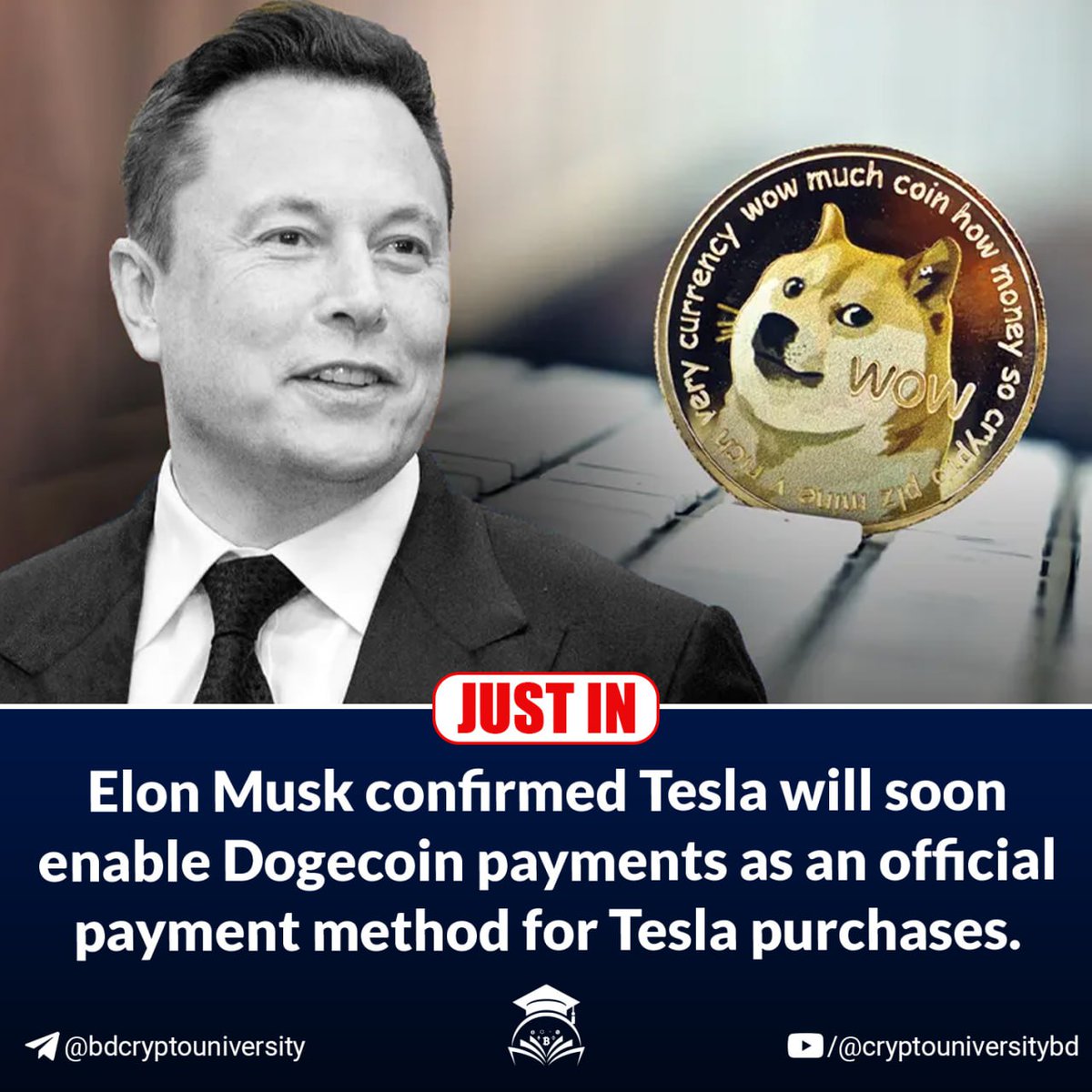 DogeHigher's tweet photo. JUST IN: Elon Musk confirmed Tesla will soon enable Dogecoin payments as an official payment method for Tesla purchases. https://t.co/iz8HI6CwZC