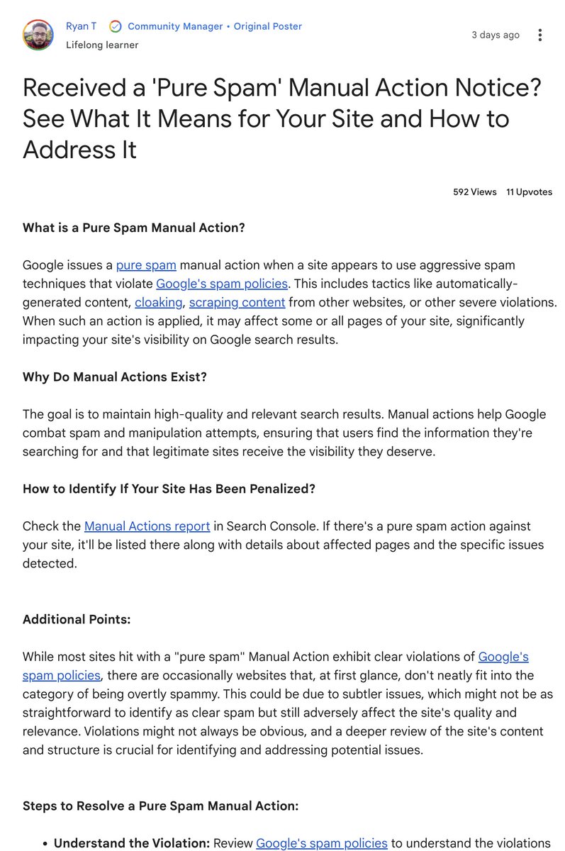 rustybrick's tweet photo. Google posted a detailed FAQ on pure spam manual action notices - check it out https://t.co/zXCKYV5wDA hat tip @gastonriera https://t.co/dF4Fy4OaST