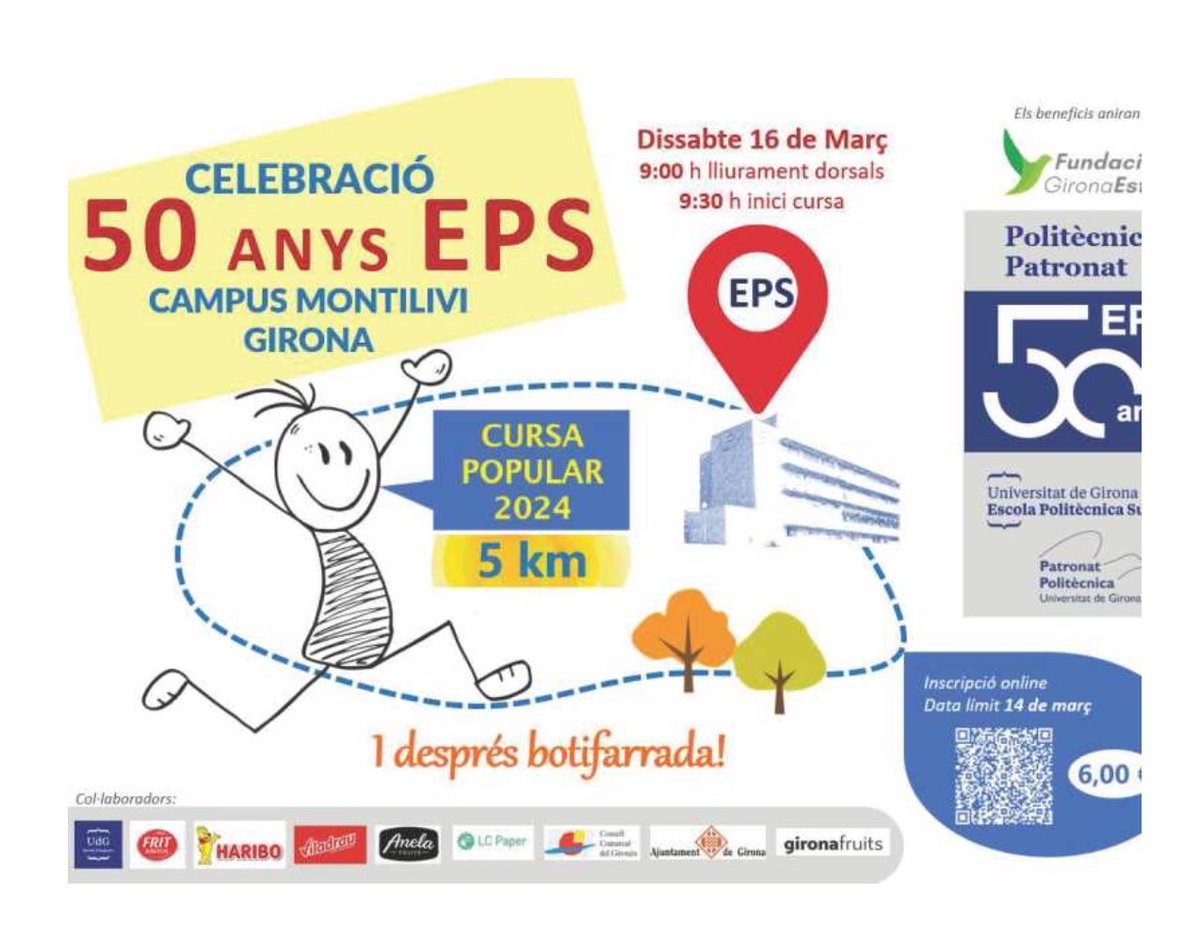 Aquest dissabte tens una cita: #50EPS amb la Cursa solidària de 5km al Campus Montilivi. Encara hi ha places i després botifarra per a tot@s!  udg.edu/ca/eps/escola-…