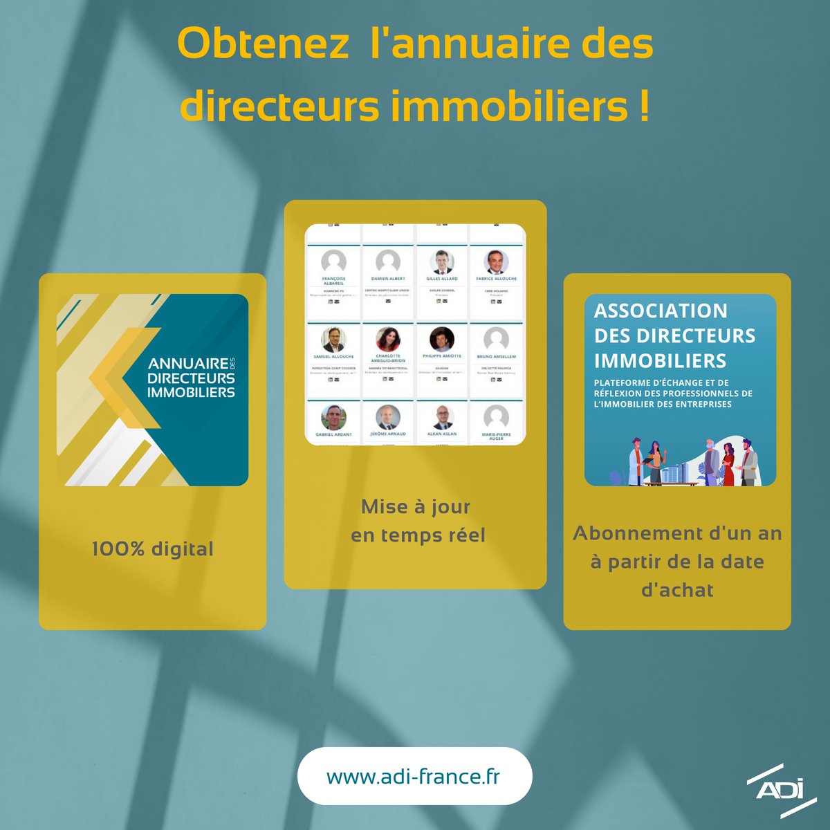 adi_france's tweet photo. 👀Rendez votre marque visible des grands #utilisateurs publics et privés !

📖L’#annuaire des directeurs #immobiliers est un outil professionnel de référence regroupant les membres de l’ADI : les Utilisateur et Membres associés

👉https://t.co/xEz8TqmmI0 https://t.co/sjheySmzw8
