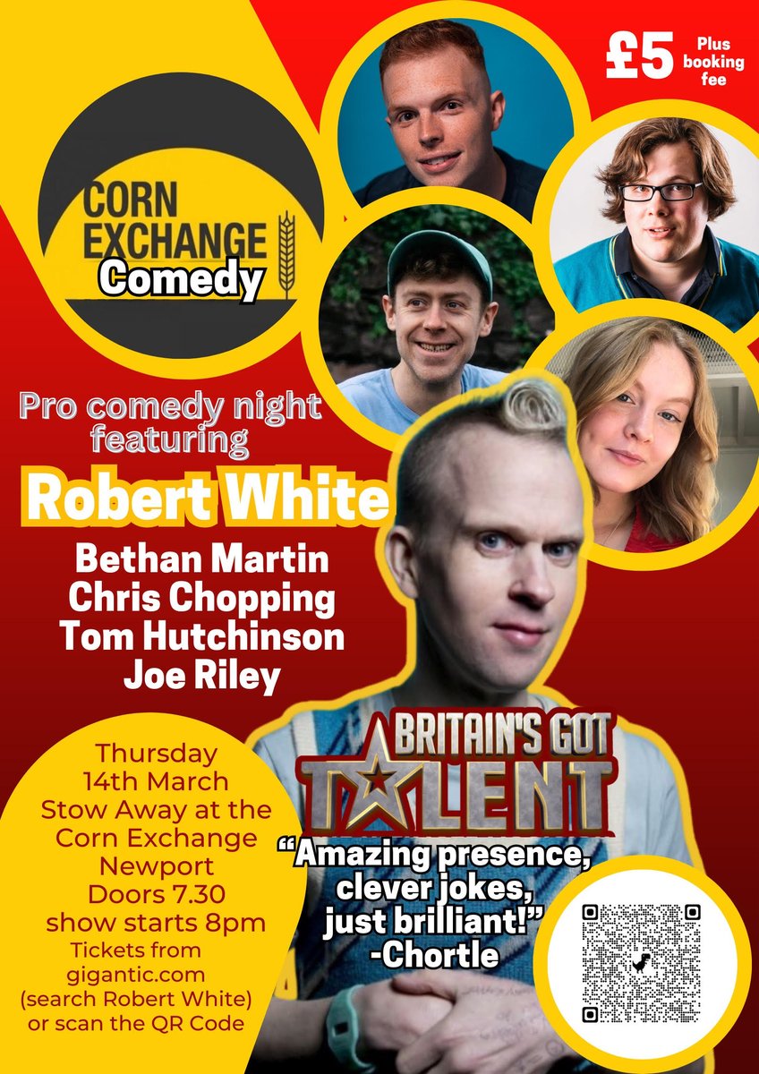 PRO COMEDY TONIGHT 🌽 Join us later this evening for our first-ever Pro Comedy Night, featuring Britain's Got Talent star @robertwhitejoke! Get down early to catch Bethan Martin, @MrChrisChopping, Tom Hutchinson & Joe Riley. Limited tickets remain! ⚡️ 🎟️ bit.ly/RobertWhite-St…