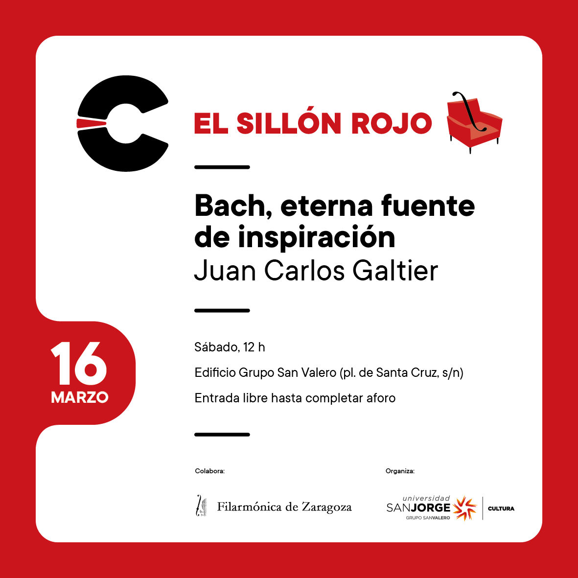 🔴«Bach, eterna fuente de inspiración» Este sábado, Juan Carlos Galtier regresa a #ElSillónRojo para hablar sobre el gran maestro barroco. Entrada libre hasta completar aforo. Más información: n9.cl/r28bp Con la colaboración de @SFZar.