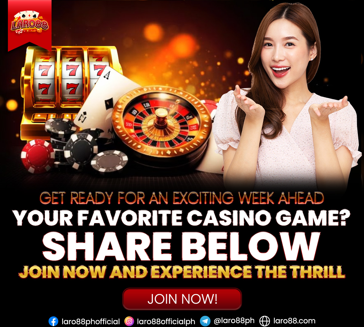 laro88official's tweet photo. Gear up for an exciting week ahead! Which casino game has you on the edge of your seat? Share your most anticipated game with us in the comments below and let's get the conversation going!

#Laro88 #WinForAll #ExcitingWeek #FavoriteCasinoGame #JoinTheConversation https://t.co/R6Zl9ESm6k